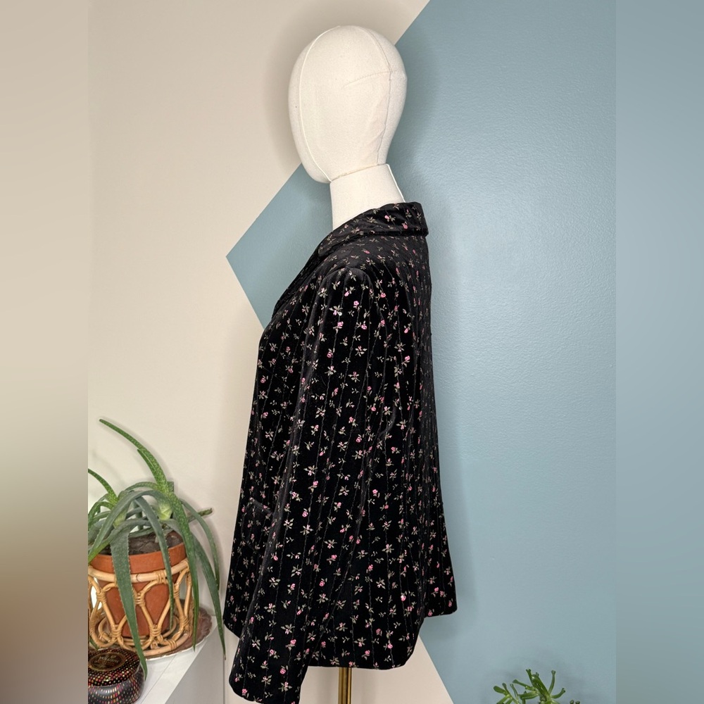 Quilted Velvet Floral Sequin Blazer Black Pink Rose Jacket VTG Cottagecore Y2K - Picture 3 of 11